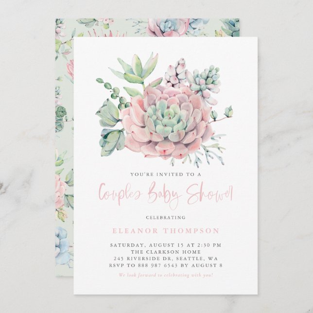 Invitación Boho Watercolor Pink Pastel Sucultores Baby Shower (Anverso / Reverso)
