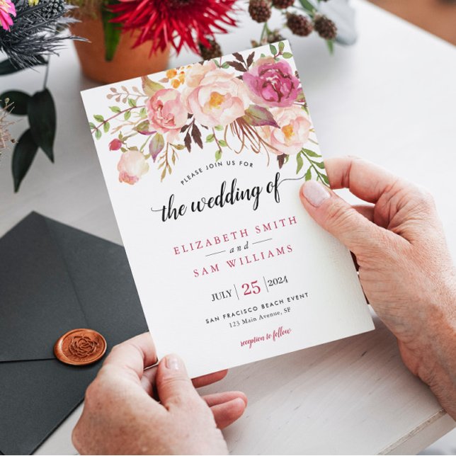 Invitación Boho Watercolor Pink Peony Floral Rustic Boda (Subido por el creador)
