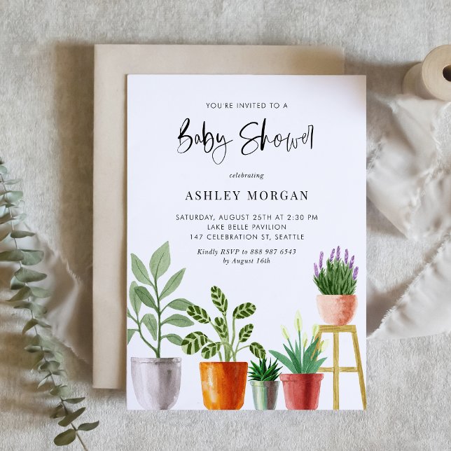 Invitación Boho Watercolor Potted Plants Baby Shower (Customizable boho baby shower invitation featuring watercolor potted houseplants. )