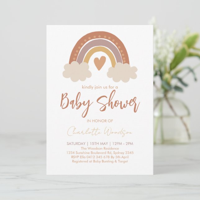 Invitación Boho Watercolor Rainbow Baby Shower (Anverso de pie)