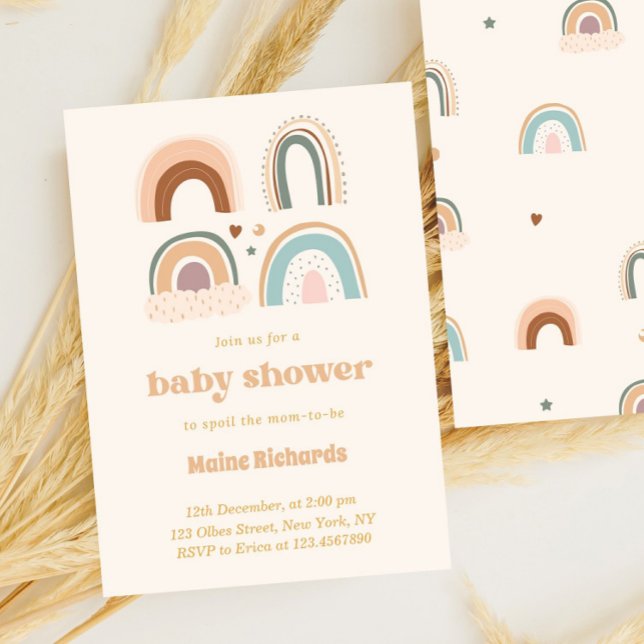 Invitación Boho Watercolor Rainbow Baby Shower Cute (rainbow, boho, baby shower, bohemian baby shower, modern, rainbow baby shower, Chic baby shower, tre)