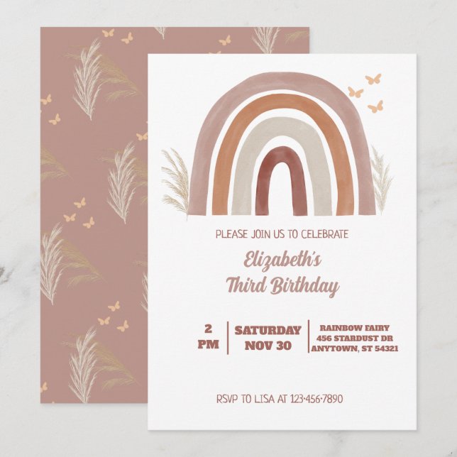 Invitación Boho Watercolor Rainbow Birday | Pampas Grass (Anverso / Reverso)