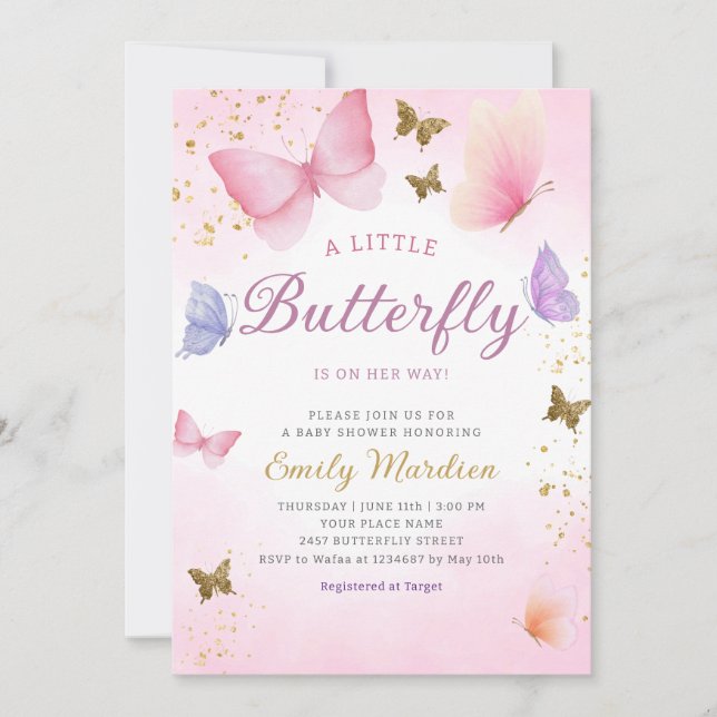Invitación Boho Watercolor rosa Chica mariposa Baby Shower (Anverso)