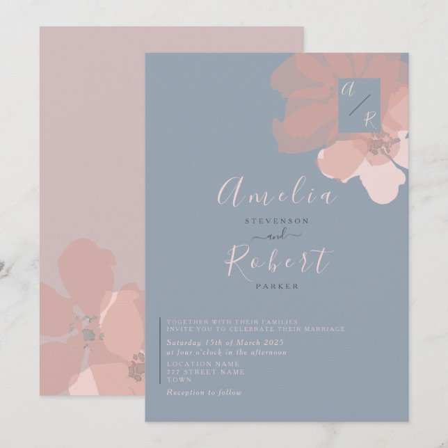 Invitación Boho Watercolor Rosa Dusty Blue Boda (Anverso / Reverso)