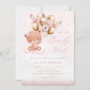 Invitación Boho Watercolor Rosa Teddy Bear Chica Baby Shower