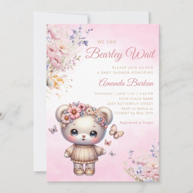 Invitación Boho Watercolor rosa Teddy Bear Chica Baby Shower (Anverso)