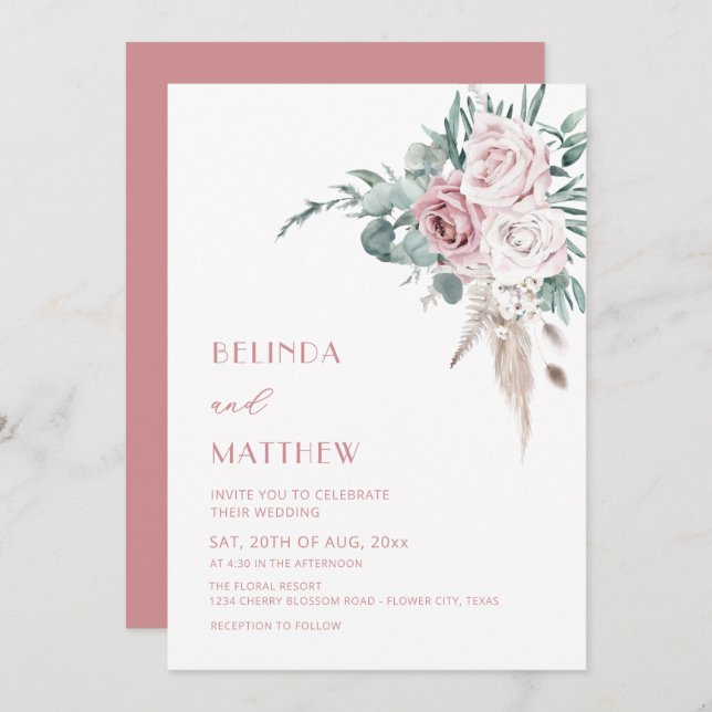 Invitación Boho Watercolor Roses Modern  (Anverso / Reverso)