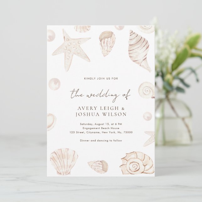Invitación Boho Watercolor Seashells Perlas Boda Náutico (Anverso de pie)