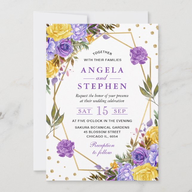Invitación Boho Watercolor Spring Flowers Gold Frame Boda (Anverso)