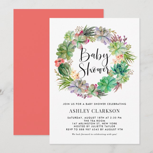 Invitación Boho Watercolor Succulens Wreath Baby Shower (Anverso / Reverso)