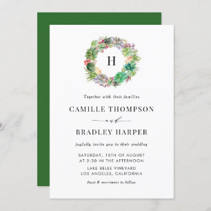 Invitación Boho Watercolor Succulens Wreath Floral Boda