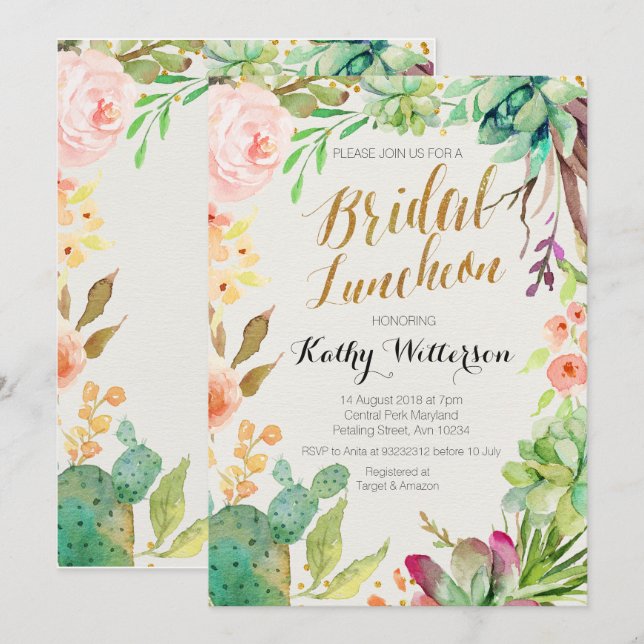 Invitación Boho Watercolor Succulents Bridal Luncheon (Anverso / Reverso)