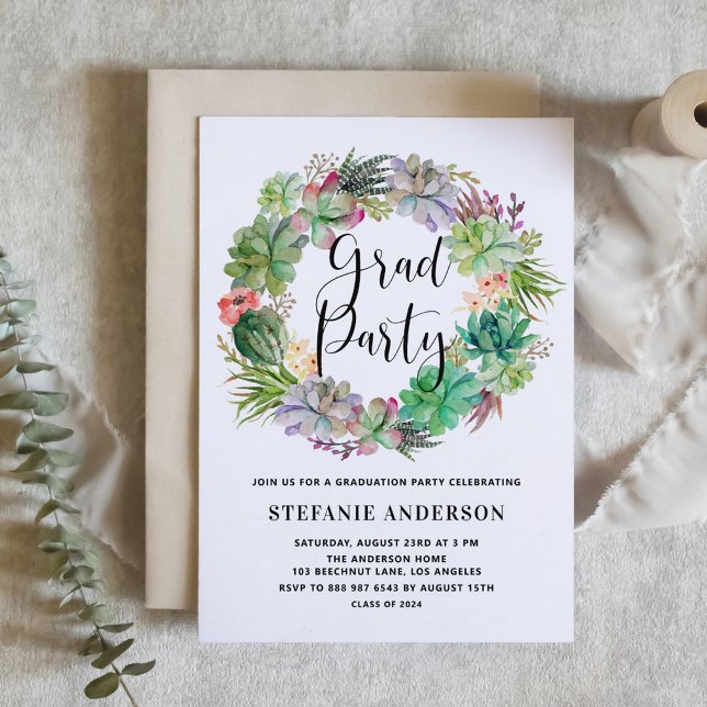 Invitación Boho Watercolor Succulents Wreath Graduation Party (Customizable boho graduation invitation featuring watercolor cactus and succulents wreath. )