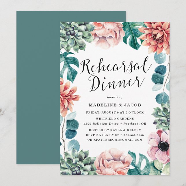 Invitación Boho Watercolor Sucultores Cena Reharsal (Anverso / Reverso)