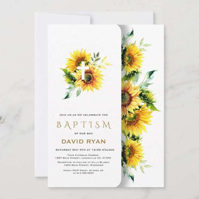 Invitación Boho Watercolor Sunflowers Cross Boy Baptism (Anverso)