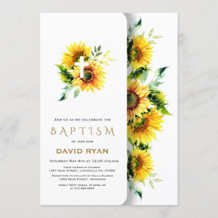 Invitación Boho Watercolor Sunflowers Cross Boy Baptism