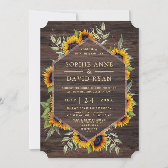 Invitación Boho Watercolor Sunflowers Wood Barn Boda (Anverso)
