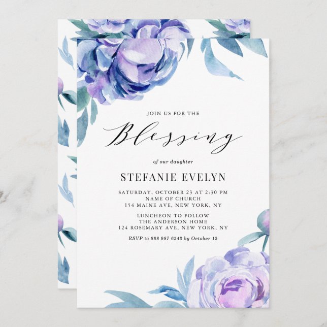 Invitación Boho Watercolor Violet Peony Flores Bendición para (Anverso / Reverso)