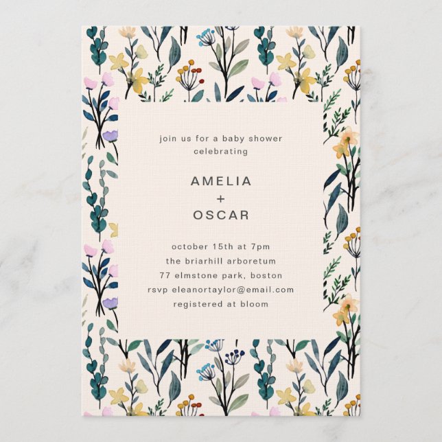 Invitación Boho Watercolor Wildflower Couples Baby Shower  (Anverso)