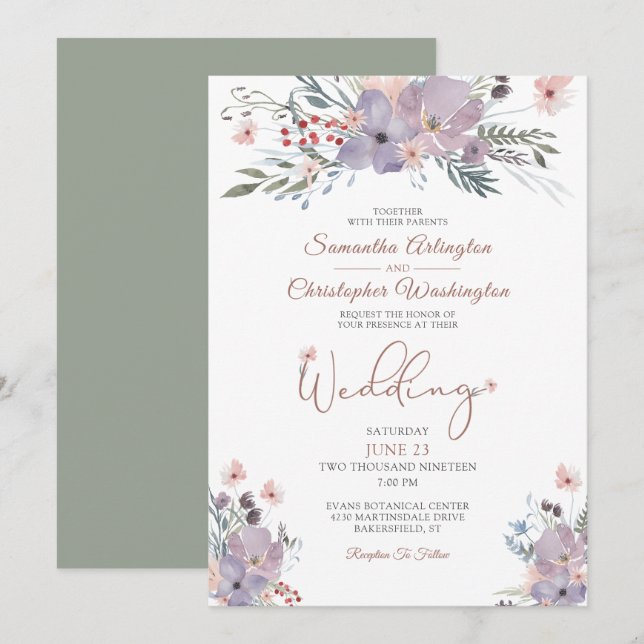 Invitación Boho Watercolor Wildflowers Boda Verde Violeta (Anverso / Reverso)