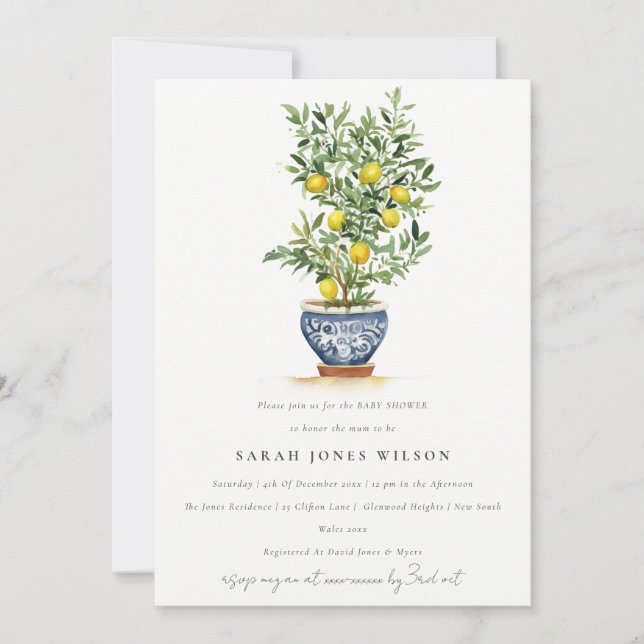 Invitación Boho Watercolorcolor amarillo Lemon Tree Baby Show (Anverso)