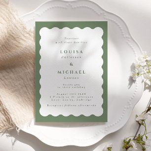 Invitación Boho Wavy Border Green & White Boda
