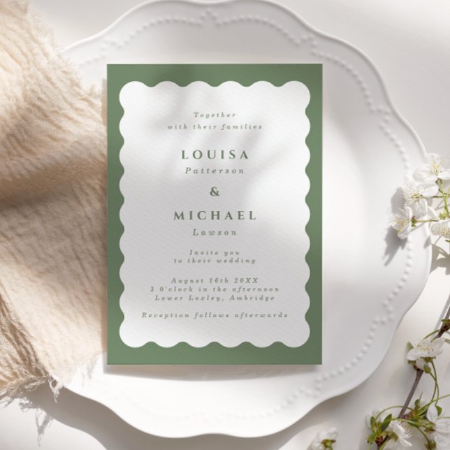 Invitación Boho Wavy Border Green & White Boda (Subido por el creador)