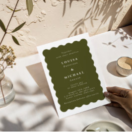 Invitación Boho Wavy Border Olive Green & White Boda