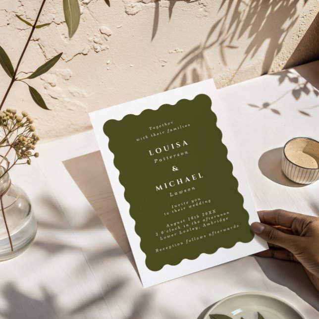 Invitación Boho Wavy Border Olive Green & White Boda (Subido por el creador)