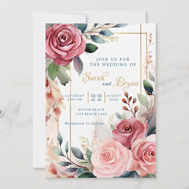 Invitación Boho Wedding a los rosas de la vegetaci (Anverso)