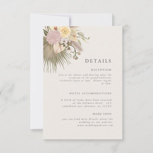 Invitación Boho Wedding Pampas Grass Palm Info (Anverso)
