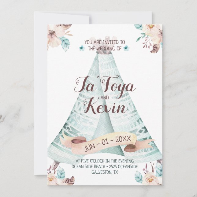 Invitación Boho Wedting Watercolor Floral Teepee (Anverso)