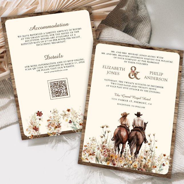 Invitación Boho Western Couple Riding Horse QR Code Boda (Subido por el creador)