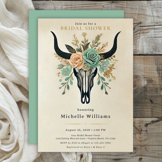 Invitación Boho Western Floral Bull Cow Skull Brill Shower (Boho Western Floral Bull Cow Skull Bridal Shower Invitation)