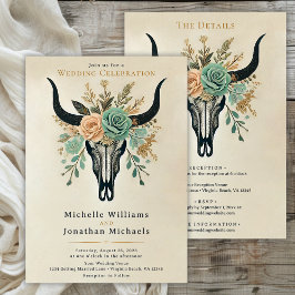 Invitación Boho Western Floral Cow Skull todo en un Boda