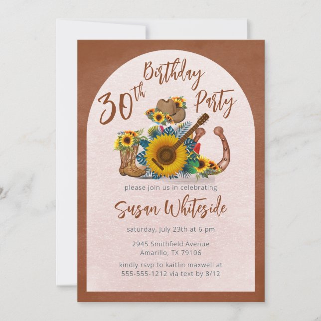 Invitación Boho Western Guitar Sunflowers 30 Fiesta de cumple (Anverso)