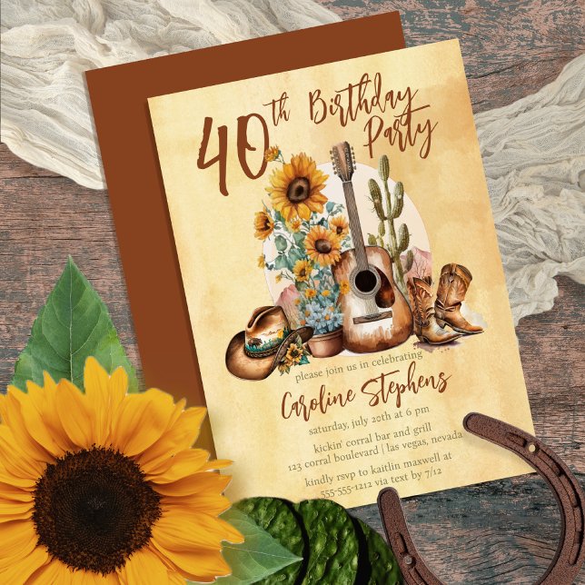 Invitación Boho Western Guitar Sunflowers 40 Fiesta de cumple (Make her Birthday Party unique with this Boho Rustic Western-themed Guitar & Sunflowers design!)