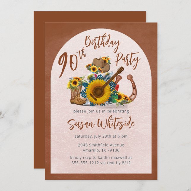 Invitación Boho Western Guitar Sunflowers fiesta de cumpleaño (Anverso / Reverso)