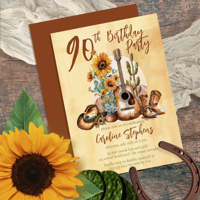 Invitación Boho Western Guitar Sunflowers fiesta de cumpleaño (Make her Birthday Party unique with this Boho Rustic Western-themed Guitar & Sunflowers design!)