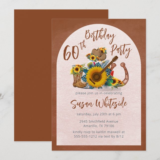 Invitación Boho Western Guitar Sunflowers Fiesta de cumpleaño (Anverso / Reverso)