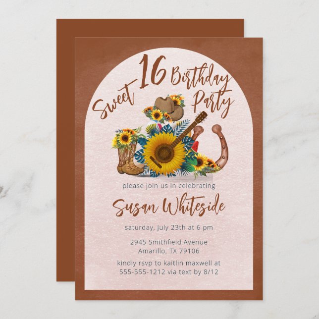 Invitación Boho Western Guitar Sunflowers Sweet 16 Fiesta (Anverso / Reverso)