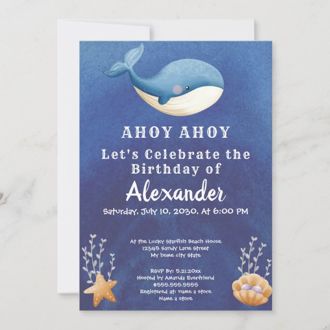Invitación Boho Whale, Under Sea Boy Birthday Party (Anverso)