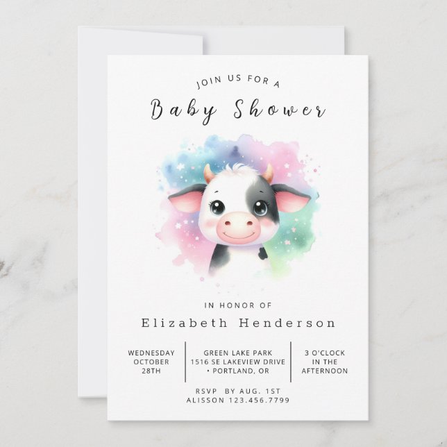 Invitación Boho Whimsical Graceful Cow Baby Shower (Anverso)