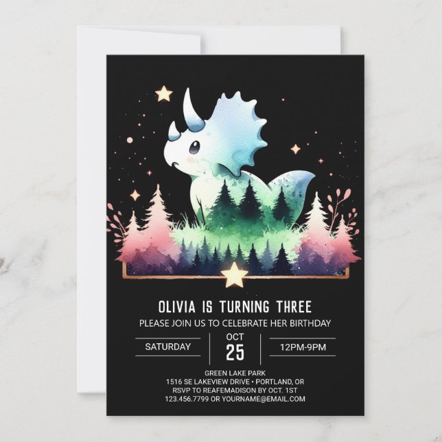 Invitación Boho Whimsical Triceratops Cumpleaños (Anverso)