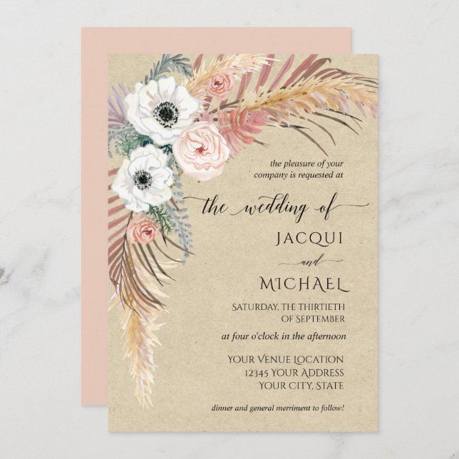 Invitación Boho White Floral Pampas Grass Folige Kraft (Anverso / Reverso)