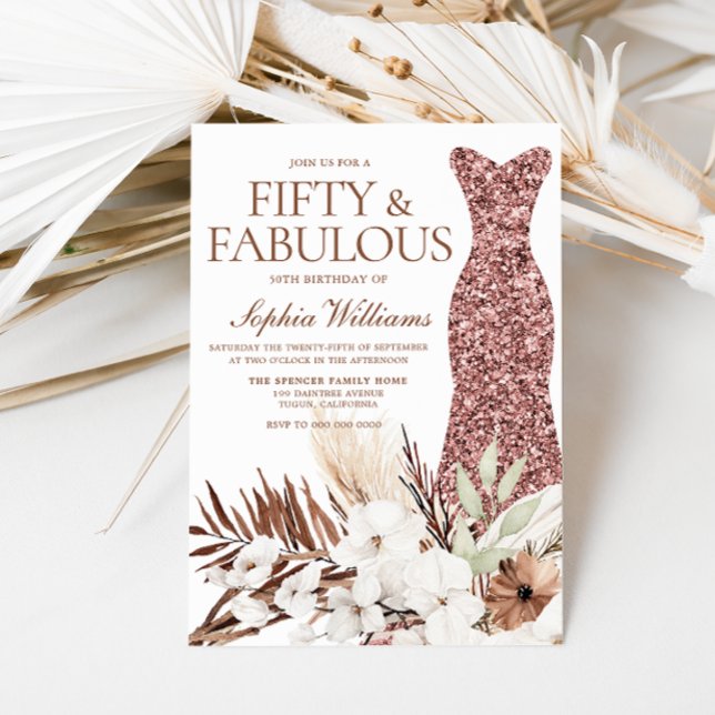 Invitación Boho White Floral Rosa Dorado Vestido 50 cumpleaño (Subido por el creador)