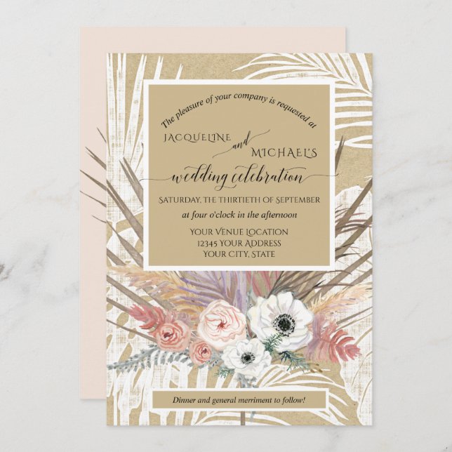 Invitación BOHO White Floral Rustic Pampas Grass Tropical (Anverso / Reverso)