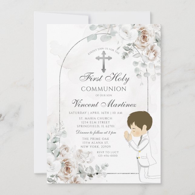 Invitación Boho White Floral Silver Cross Boy Praying Baptism (Anverso)