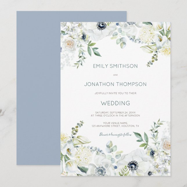 Invitación Boho White Florals Eucalyptus deja Boda (Anverso / Reverso)
