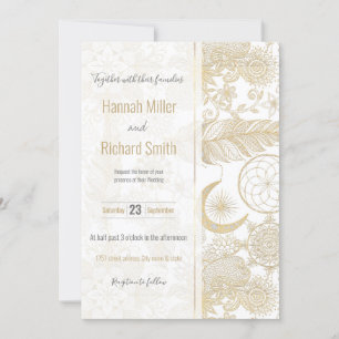 Invitación Boho White Gold Floral Fethers Dreamcatcher